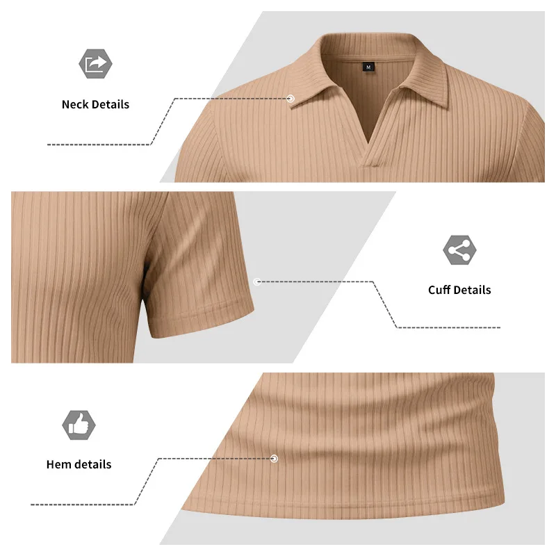 2026 Summer Men's Shirt Pure Color Vertical Stripe V-Neck Polo Shirt Men Casual Quick-Dry Breathability Short Sleeve T-Shirt