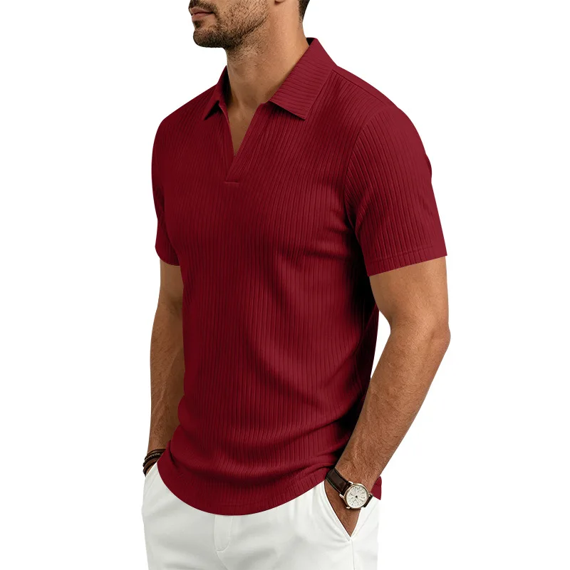 2026 Summer Men's Shirt Pure Color Vertical Stripe V-Neck Polo Shirt Men Casual Quick-Dry Breathability Short Sleeve T-Shirt