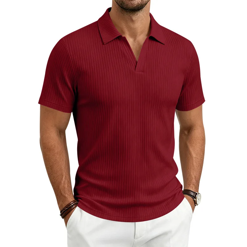 2026 Summer Men's Shirt Pure Color Vertical Stripe V-Neck Polo Shirt Men Casual Quick-Dry Breathability Short Sleeve T-Shirt