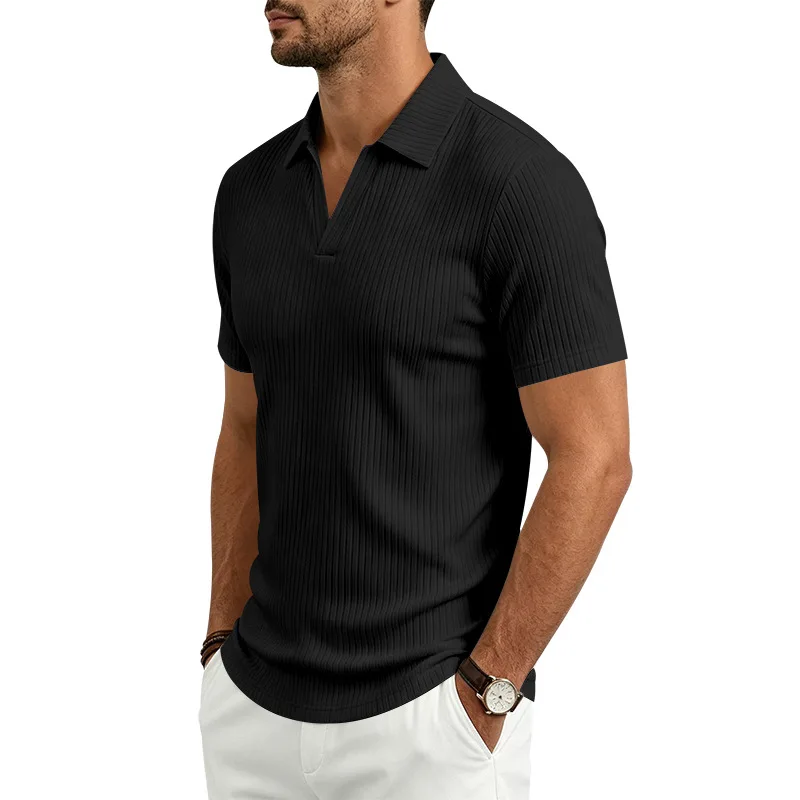 2026 Summer Men's Shirt Pure Color Vertical Stripe V-Neck Polo Shirt Men Casual Quick-Dry Breathability Short Sleeve T-Shirt
