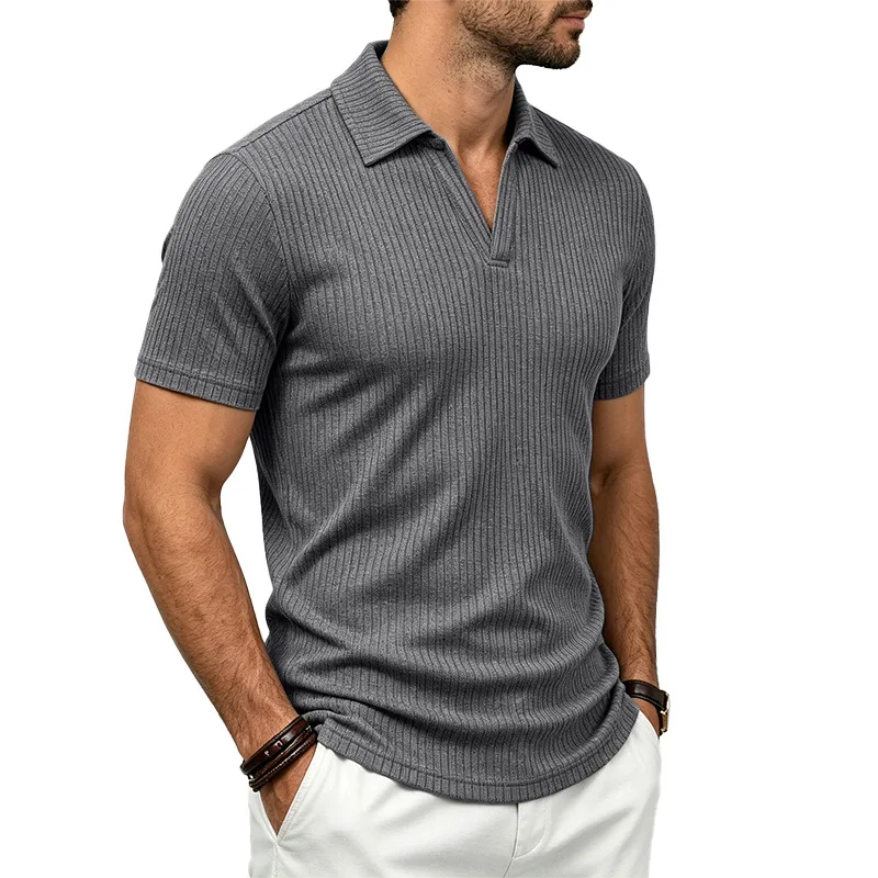2026 Summer Men's Shirt Pure Color Vertical Stripe V-Neck Polo Shirt Men Casual Quick-Dry Breathability Short Sleeve T-Shirt