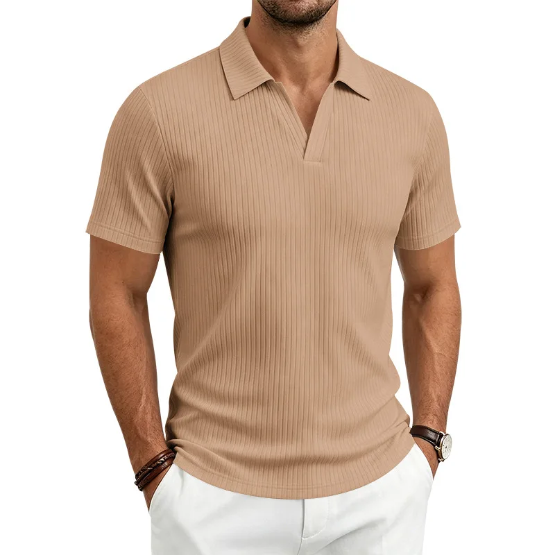 2026 Summer Men's Shirt Pure Color Vertical Stripe V-Neck Polo Shirt Men Casual Quick-Dry Breathability Short Sleeve T-Shirt