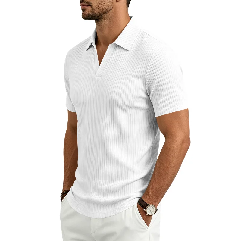 2026 Summer Men's Shirt Pure Color Vertical Stripe V-Neck Polo Shirt Men Casual Quick-Dry Breathability Short Sleeve T-Shirt