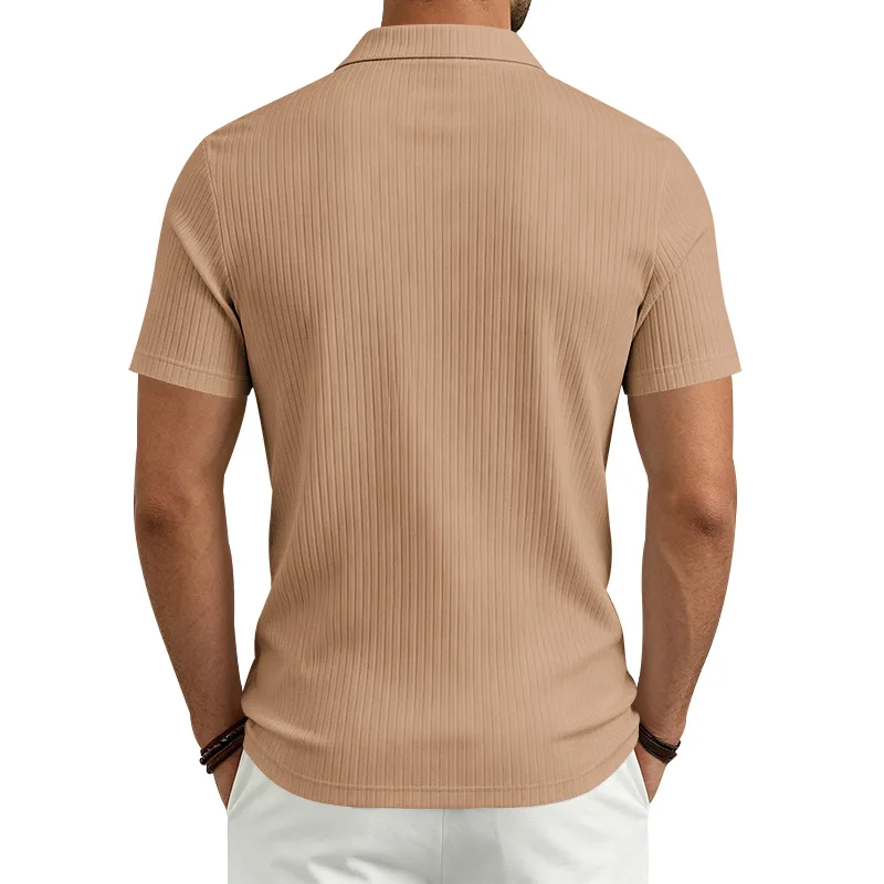 2026 Summer Men's Shirt Pure Color Vertical Stripe V-Neck Polo Shirt Men Casual Quick-Dry Breathability Short Sleeve T-Shirt