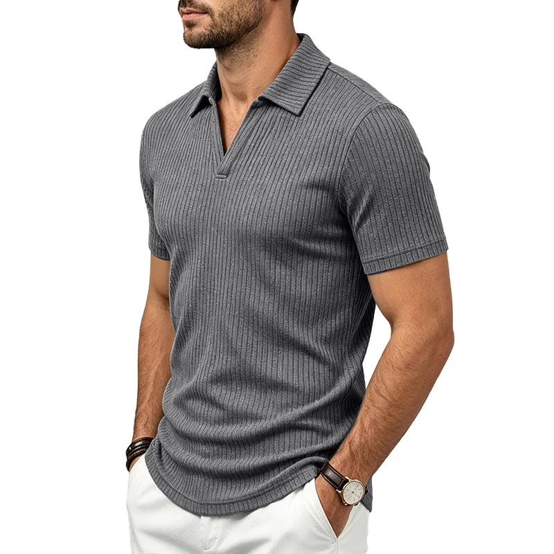 2026 Summer Men's Shirt Pure Color Vertical Stripe V-Neck Polo Shirt Men Casual Quick-Dry Breathability Short Sleeve T-Shirt