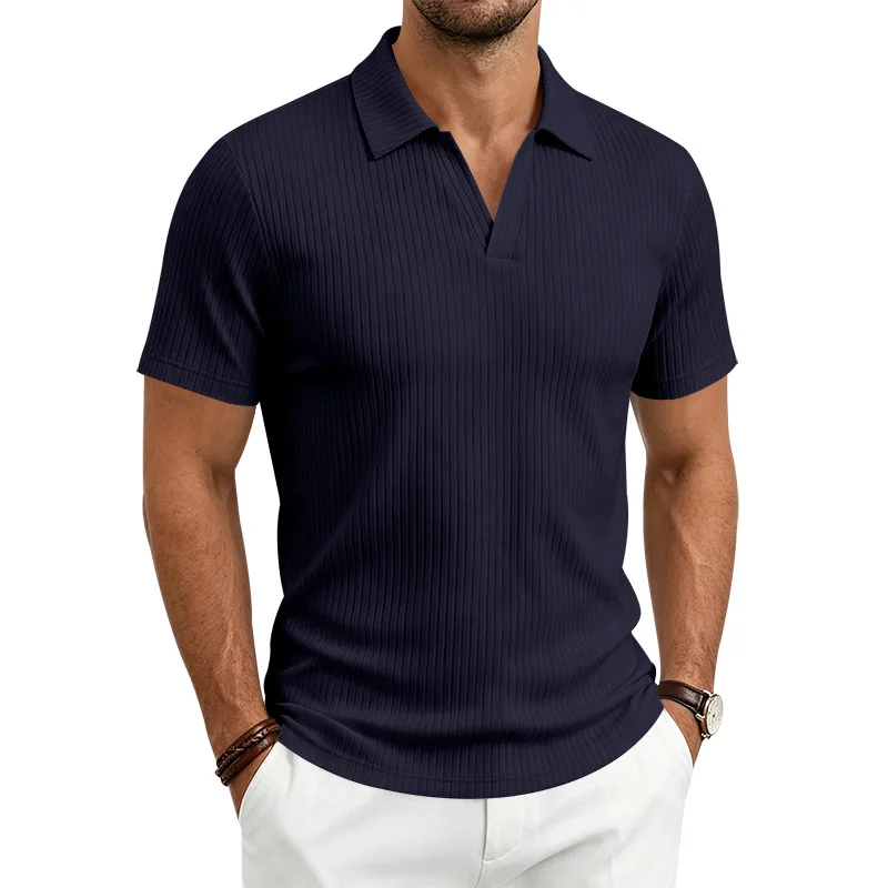 2026 Summer Men's Shirt Pure Color Vertical Stripe V-Neck Polo Shirt Men Casual Quick-Dry Breathability Short Sleeve T-Shirt