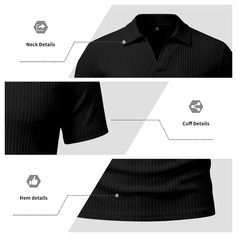 2026 Summer Men's Shirt Pure Color Vertical Stripe V-Neck Polo Shirt Men Casual Quick-Dry Breathability Short Sleeve T-Shirt