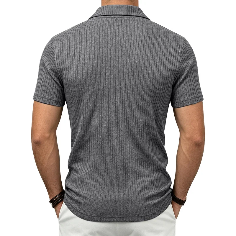 2026 Summer Men's Shirt Pure Color Vertical Stripe V-Neck Polo Shirt Men Casual Quick-Dry Breathability Short Sleeve T-Shirt