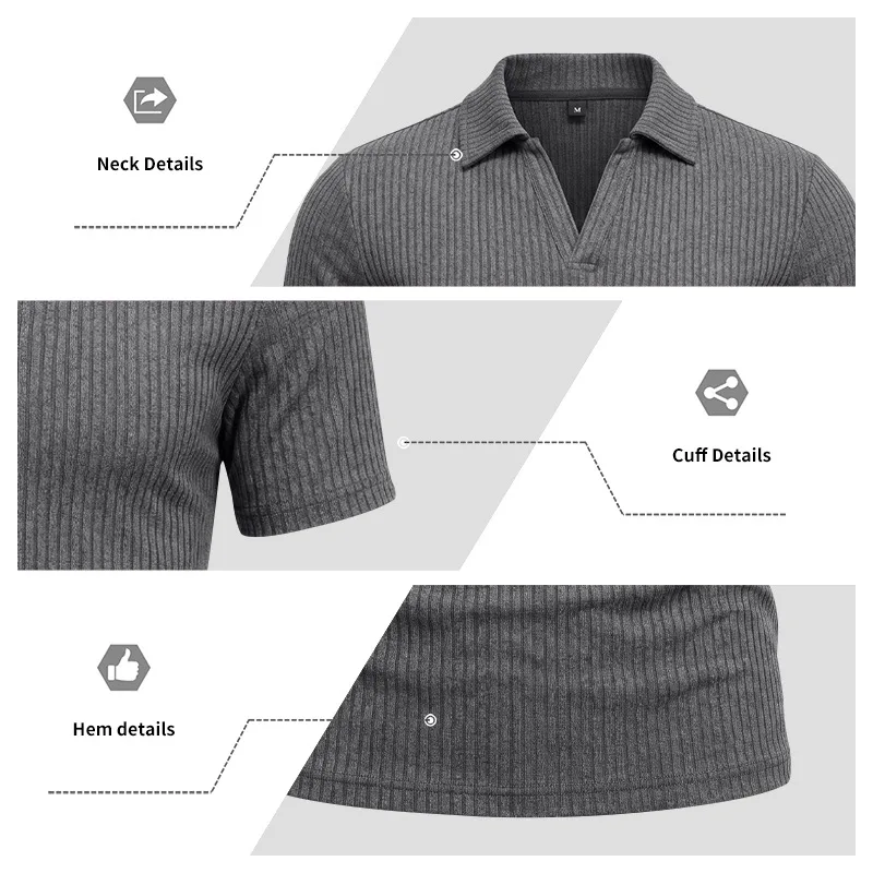 2026 Summer Men's Shirt Pure Color Vertical Stripe V-Neck Polo Shirt Men Casual Quick-Dry Breathability Short Sleeve T-Shirt
