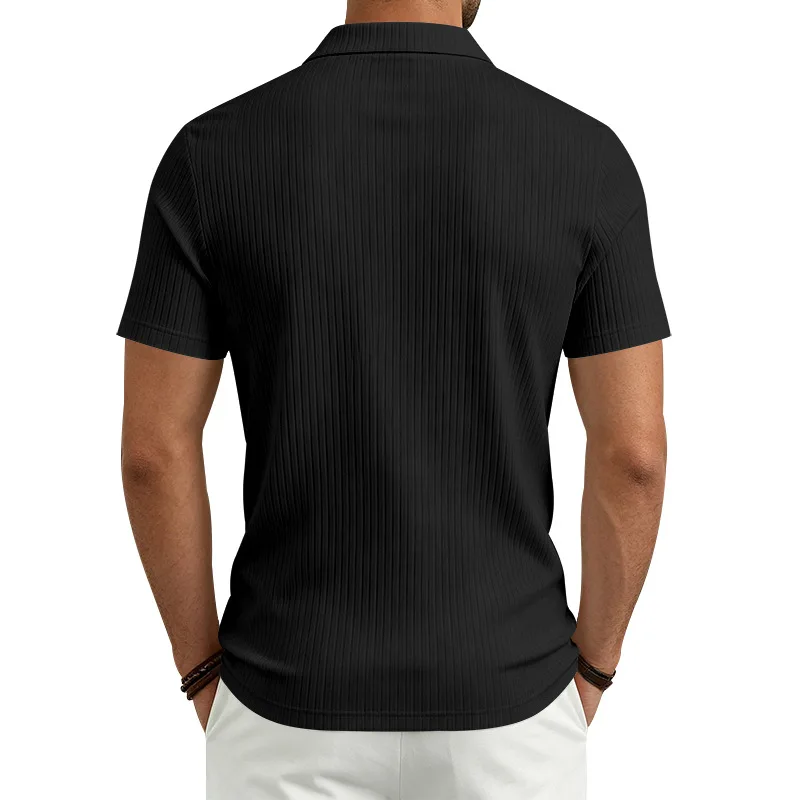 2026 Summer Men's Shirt Pure Color Vertical Stripe V-Neck Polo Shirt Men Casual Quick-Dry Breathability Short Sleeve T-Shirt