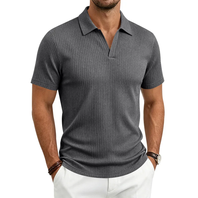 2026 Summer Men's Shirt Pure Color Vertical Stripe V-Neck Polo Shirt Men Casual Quick-Dry Breathability Short Sleeve T-Shirt