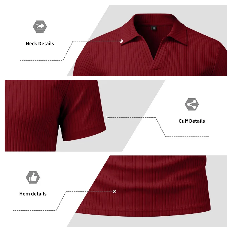2026 Summer Men's Shirt Pure Color Vertical Stripe V-Neck Polo Shirt Men Casual Quick-Dry Breathability Short Sleeve T-Shirt