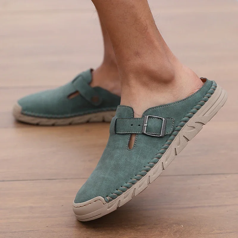 Men's Spring and Autumn Outdoor Casual Baotou Shoes Non Slip Slippers Fashion Soft Soled Women's Sandals Suede Leather Slippers