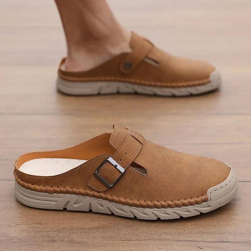 Men's Spring and Autumn Outdoor Casual Baotou Shoes Non Slip Slippers Fashion Soft Soled Women's Sandals Suede Leather Slippers