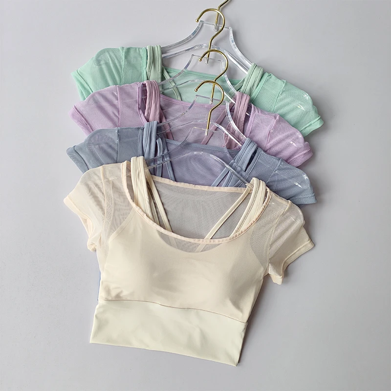Women's Mesh Yoga Shirt Sexy Short Sleeve T-Shirt Pad Sport Top Blouse Quick Dry Gym Shirts Running Fitness Tank Shirt Yoga Wear