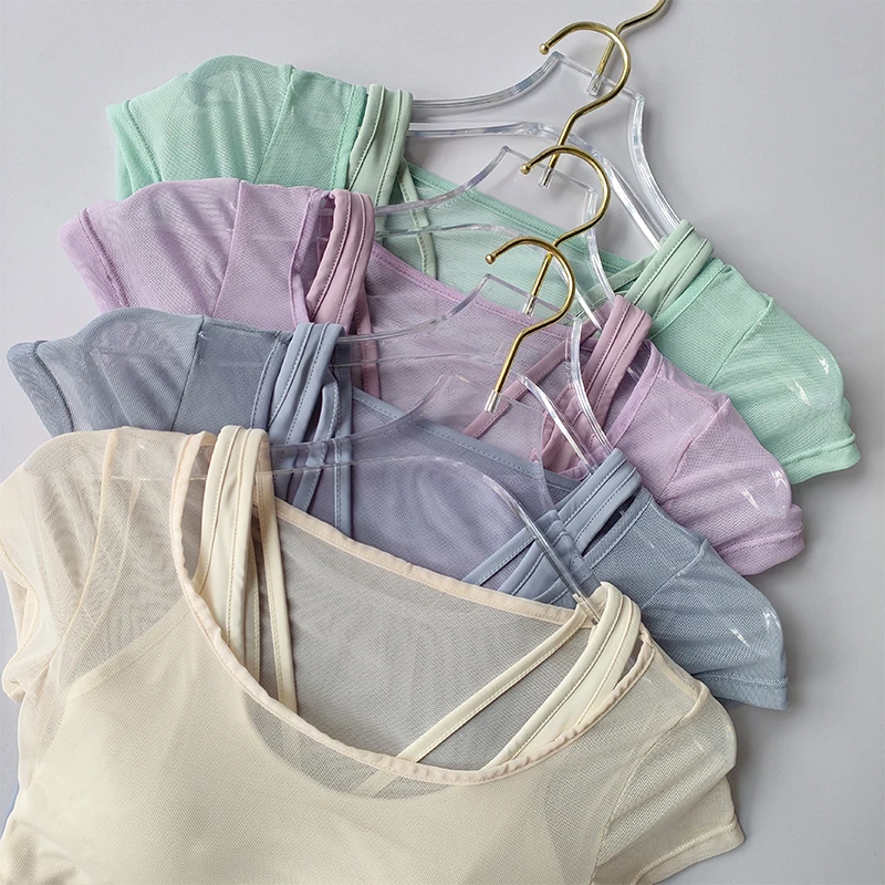 Women's Mesh Yoga Shirt Sexy Short Sleeve T-Shirt Pad Sport Top Blouse Quick Dry Gym Shirts Running Fitness Tank Shirt Yoga Wear
