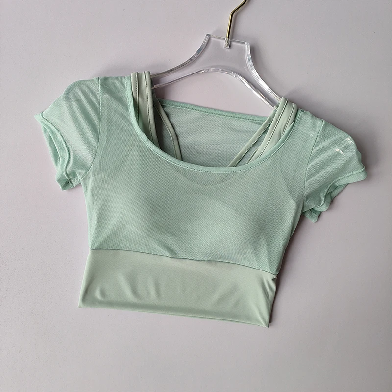 Women's Mesh Yoga Shirt Sexy Short Sleeve T-Shirt Pad Sport Top Blouse Quick Dry Gym Shirts Running Fitness Tank Shirt Yoga Wear