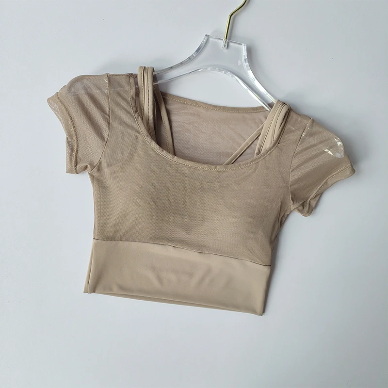 Women's Mesh Yoga Shirt Sexy Short Sleeve T-Shirt Pad Sport Top Blouse Quick Dry Gym Shirts Running Fitness Tank Shirt Yoga Wear