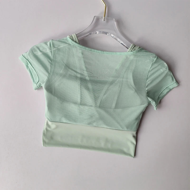 Women's Mesh Yoga Shirt Sexy Short Sleeve T-Shirt Pad Sport Top Blouse Quick Dry Gym Shirts Running Fitness Tank Shirt Yoga Wear