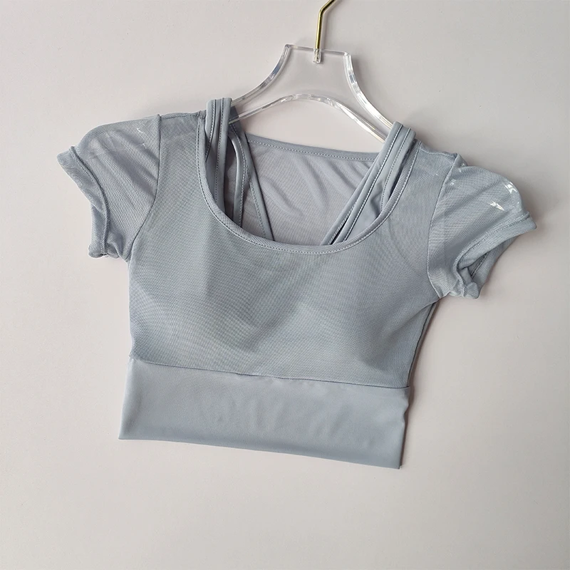 Women's Mesh Yoga Shirt Sexy Short Sleeve T-Shirt Pad Sport Top Blouse Quick Dry Gym Shirts Running Fitness Tank Shirt Yoga Wear