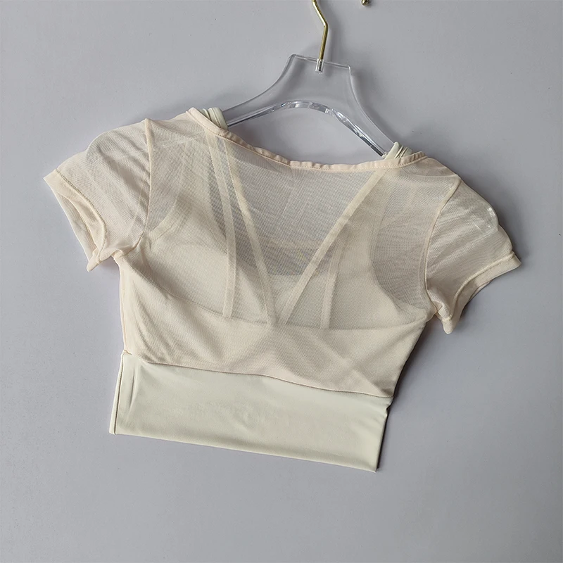Women's Mesh Yoga Shirt Sexy Short Sleeve T-Shirt Pad Sport Top Blouse Quick Dry Gym Shirts Running Fitness Tank Shirt Yoga Wear