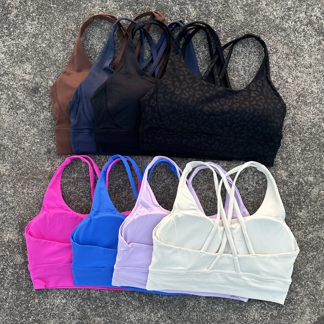 Solid Color Women Cross Back Soft Fitness Sports Bra Top Gym Yoga Underwear Tight Workout With Chest Pad Shoulder Strap Training