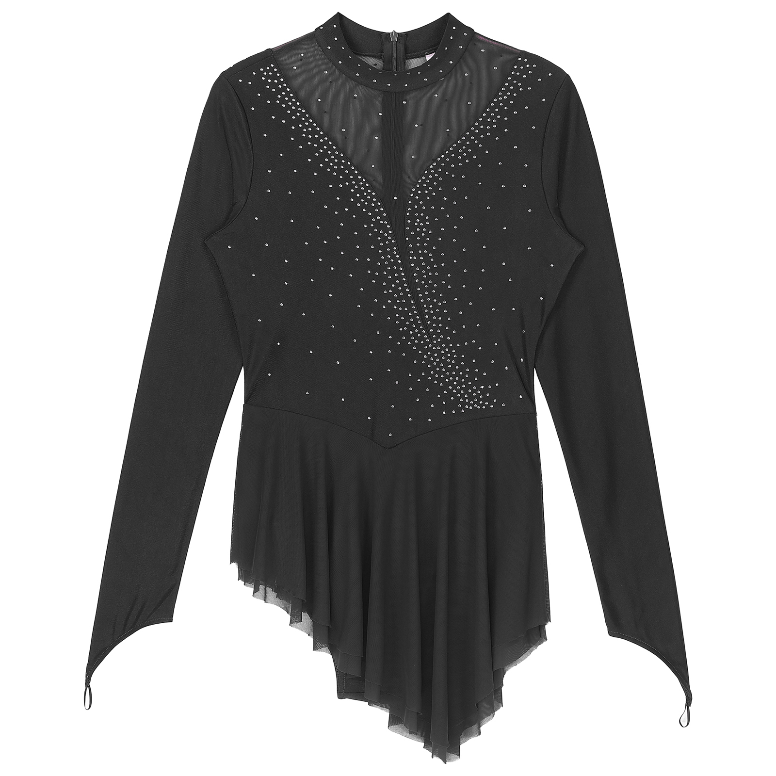 Women Figure Skating Performance Costume Ballet Gymnastics Lyrical Dance Dancewear Long Sleeve Rhinestone Mesh Leotard Dress