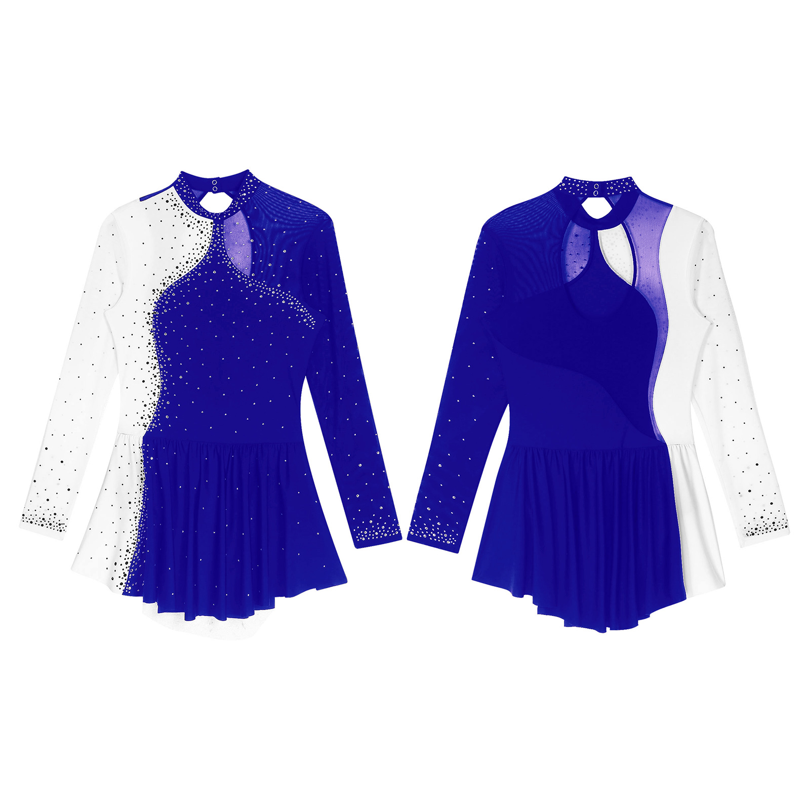 Women Figure Skating Performance Costume Ballet Gymnastics Lyrical Dance Dancewear Long Sleeve Rhinestone Mesh Leotard Dress