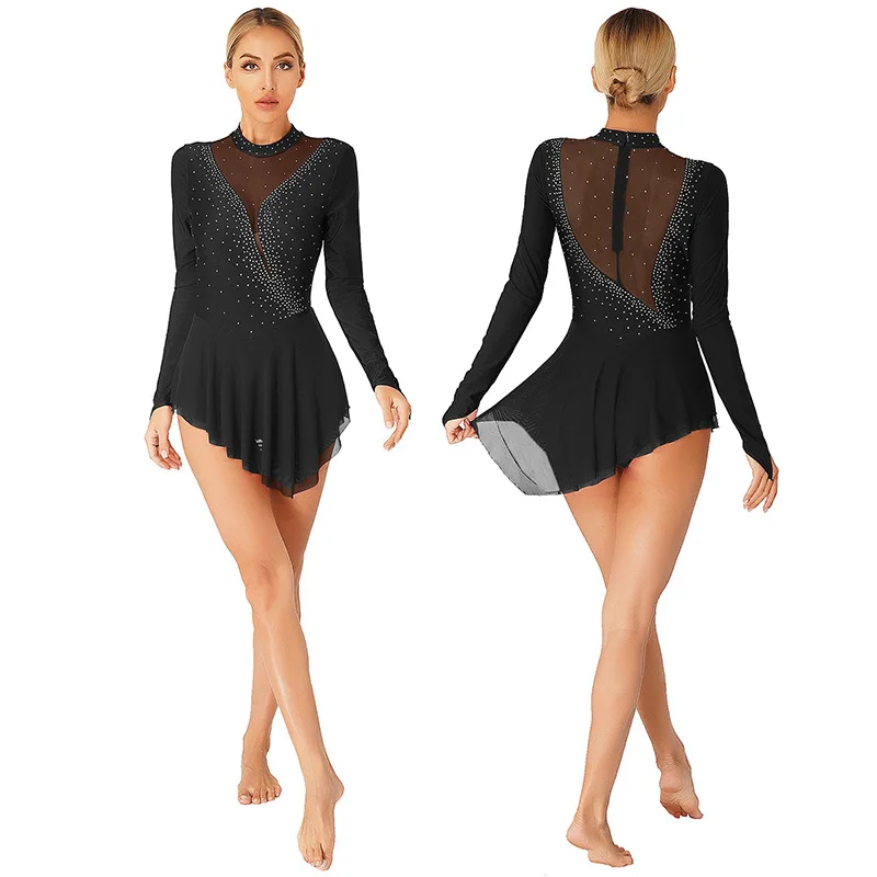 Women Figure Skating Performance Costume Ballet Gymnastics Lyrical Dance Dancewear Long Sleeve Rhinestone Mesh Leotard Dress