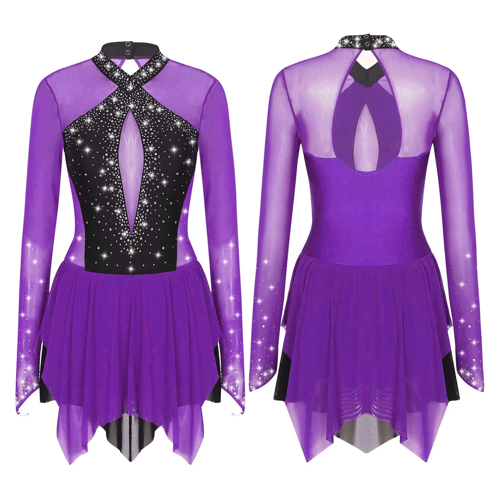 Women Figure Skating Performance Costume Ballet Gymnastics Lyrical Dance Dancewear Long Sleeve Rhinestone Mesh Leotard Dress