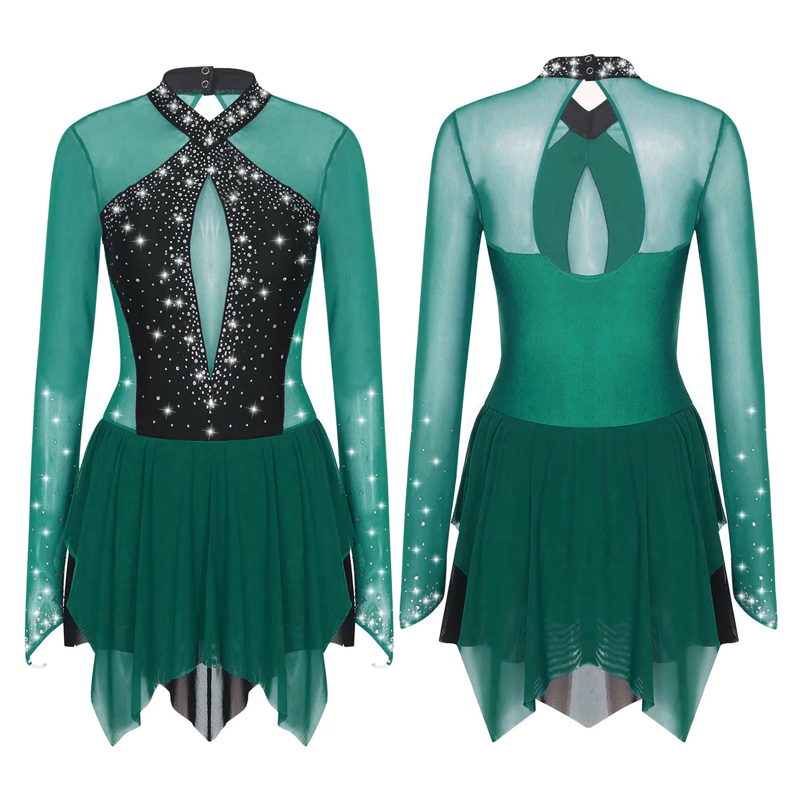 Women Figure Skating Performance Costume Ballet Gymnastics Lyrical Dance Dancewear Long Sleeve Rhinestone Mesh Leotard Dress