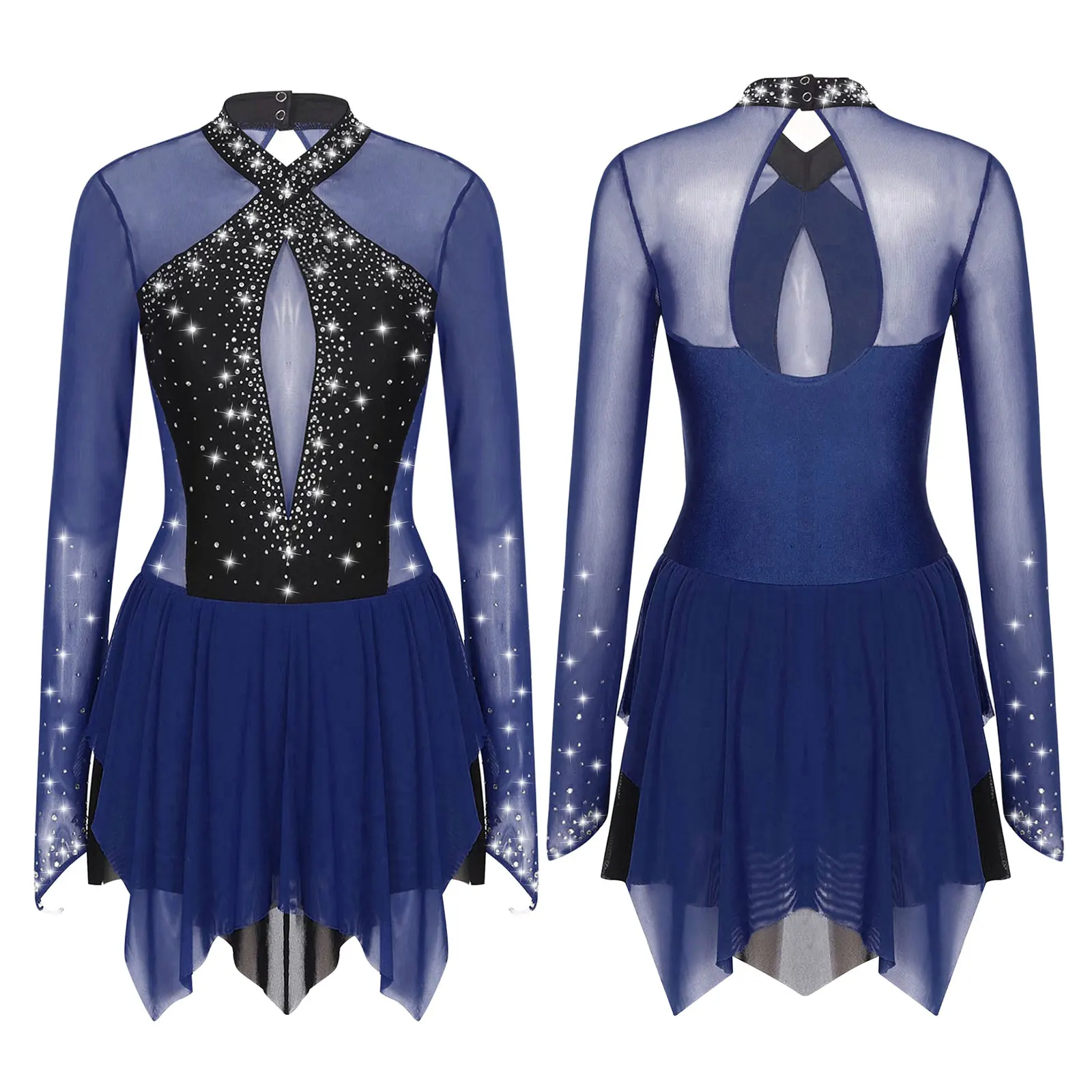 Women Figure Skating Performance Costume Ballet Gymnastics Lyrical Dance Dancewear Long Sleeve Rhinestone Mesh Leotard Dress