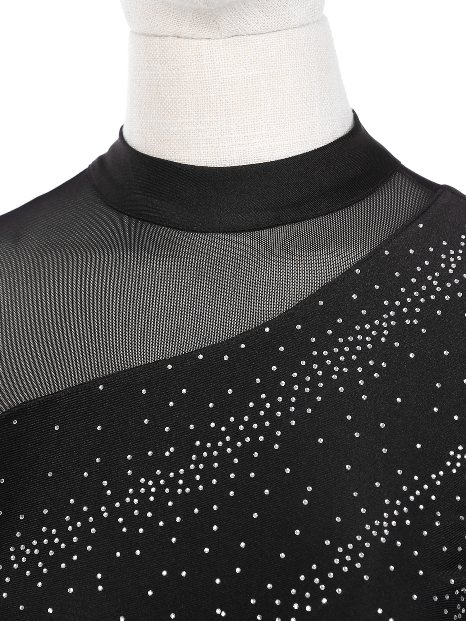 Women Figure Skating Performance Costume Ballet Gymnastics Lyrical Dance Dancewear Long Sleeve Rhinestone Mesh Leotard Dress