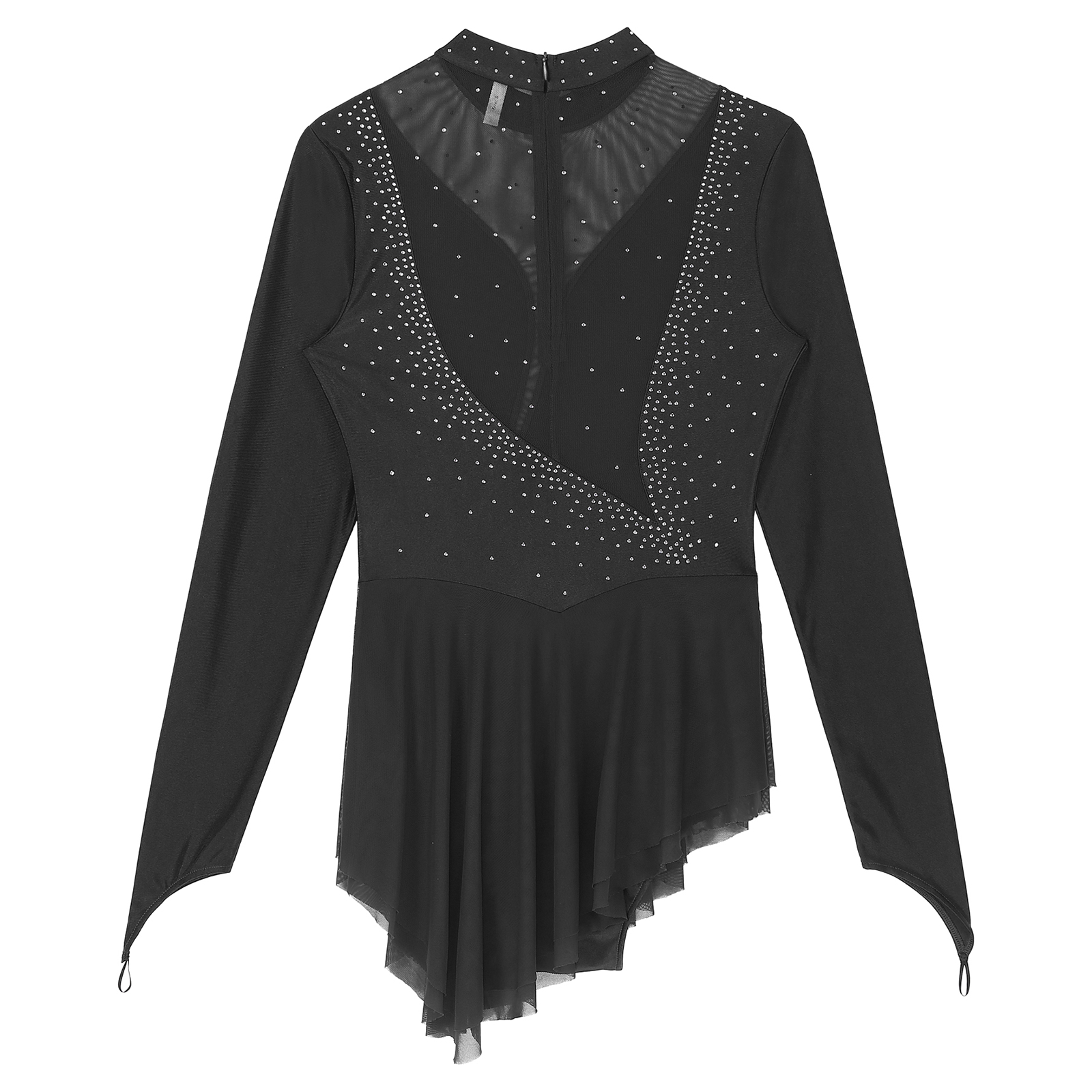 Women Figure Skating Performance Costume Ballet Gymnastics Lyrical Dance Dancewear Long Sleeve Rhinestone Mesh Leotard Dress