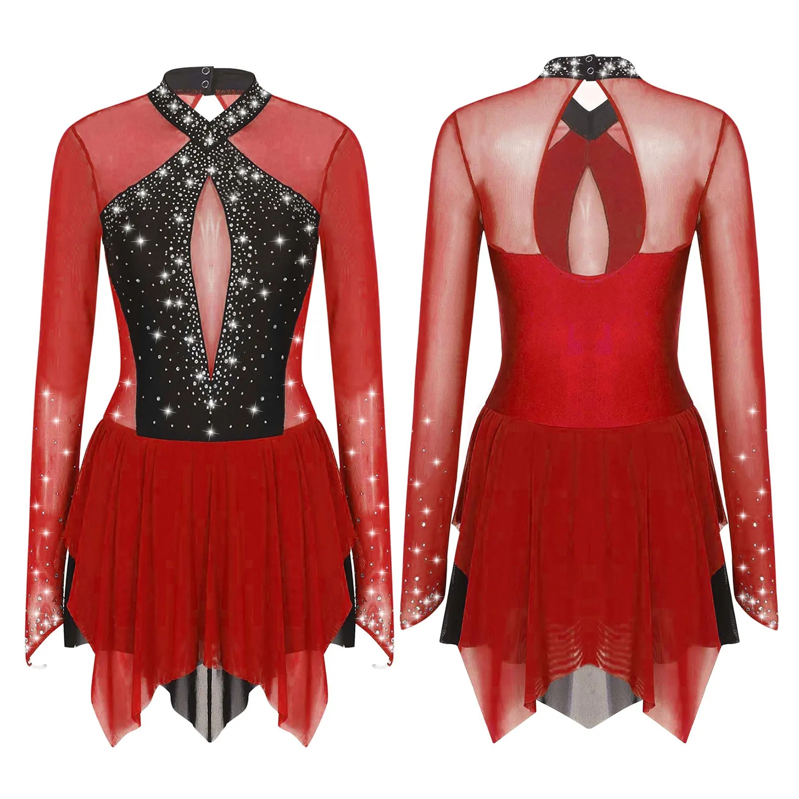 Women Figure Skating Performance Costume Ballet Gymnastics Lyrical Dance Dancewear Long Sleeve Rhinestone Mesh Leotard Dress