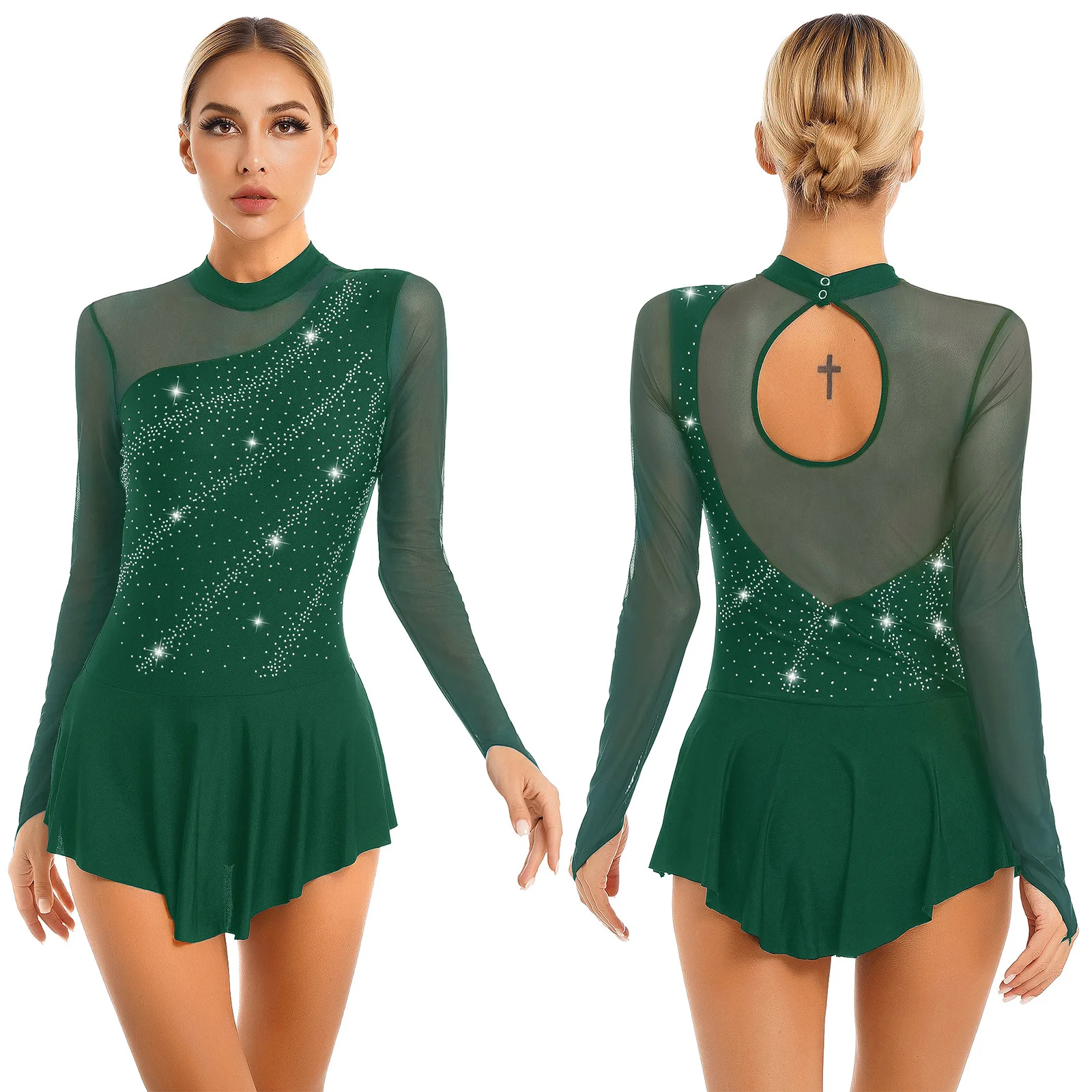 Women Figure Skating Performance Costume Ballet Gymnastics Lyrical Dance Dancewear Long Sleeve Rhinestone Mesh Leotard Dress