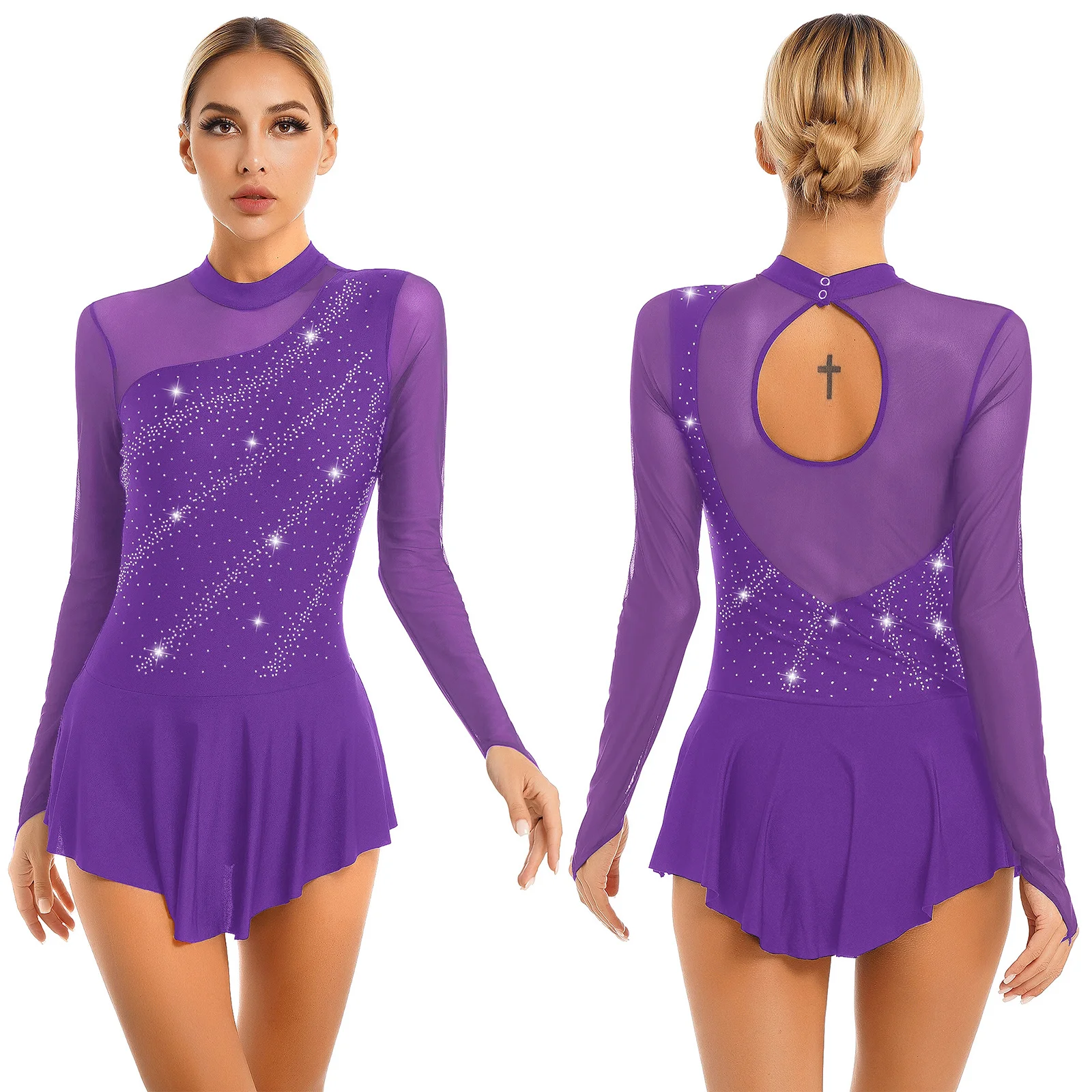 Women Figure Skating Performance Costume Ballet Gymnastics Lyrical Dance Dancewear Long Sleeve Rhinestone Mesh Leotard Dress
