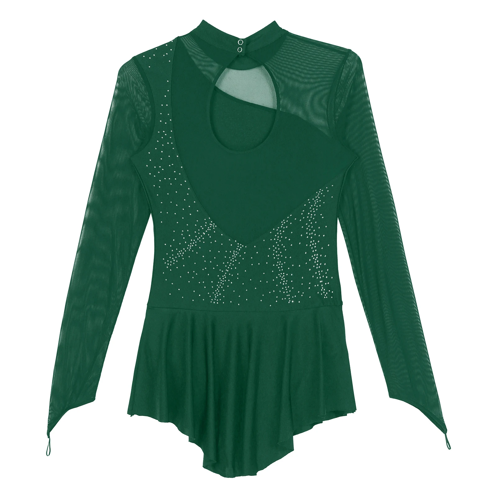 Women Figure Skating Performance Costume Ballet Gymnastics Lyrical Dance Dancewear Long Sleeve Rhinestone Mesh Leotard Dress