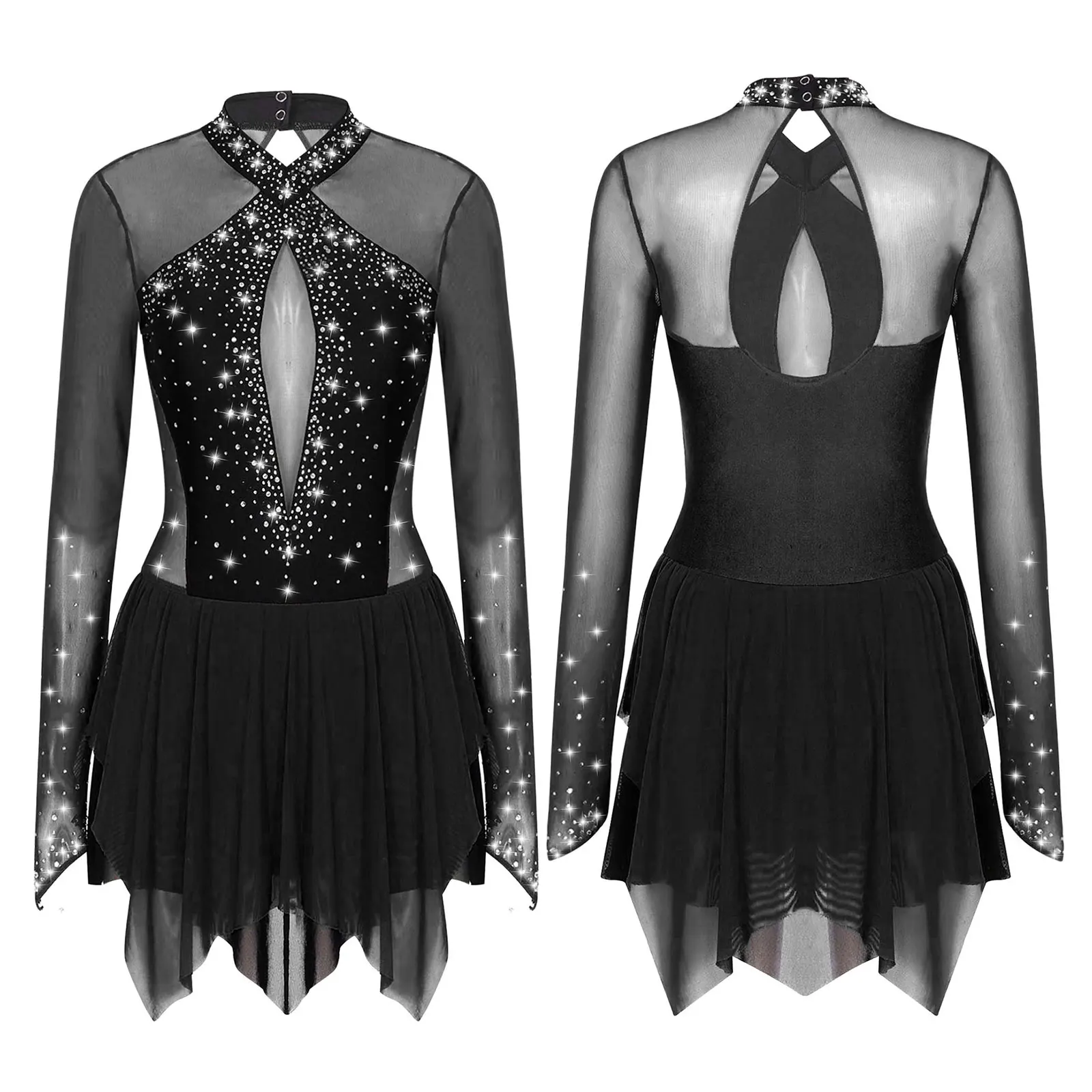 Women Figure Skating Performance Costume Ballet Gymnastics Lyrical Dance Dancewear Long Sleeve Rhinestone Mesh Leotard Dress