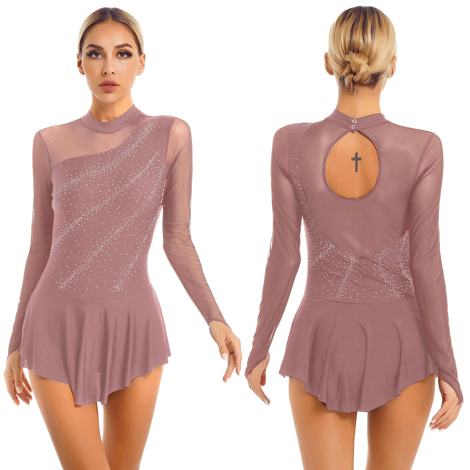 Women Figure Skating Performance Costume Ballet Gymnastics Lyrical Dance Dancewear Long Sleeve Rhinestone Mesh Leotard Dress