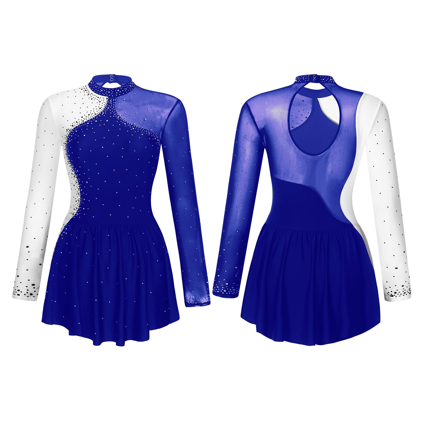 Women Figure Skating Performance Costume Ballet Gymnastics Lyrical Dance Dancewear Long Sleeve Rhinestone Mesh Leotard Dress