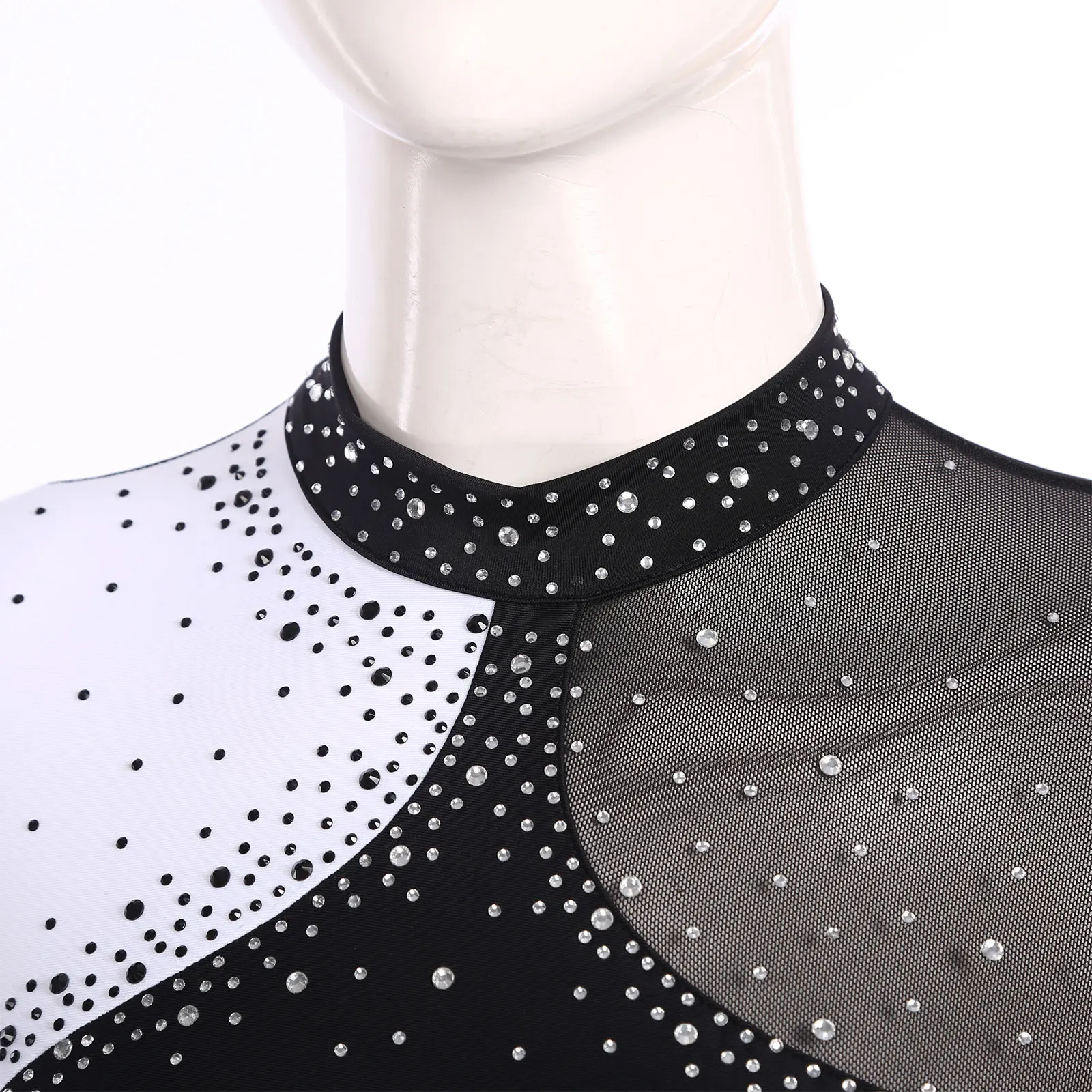 Women Figure Skating Performance Costume Ballet Gymnastics Lyrical Dance Dancewear Long Sleeve Rhinestone Mesh Leotard Dress