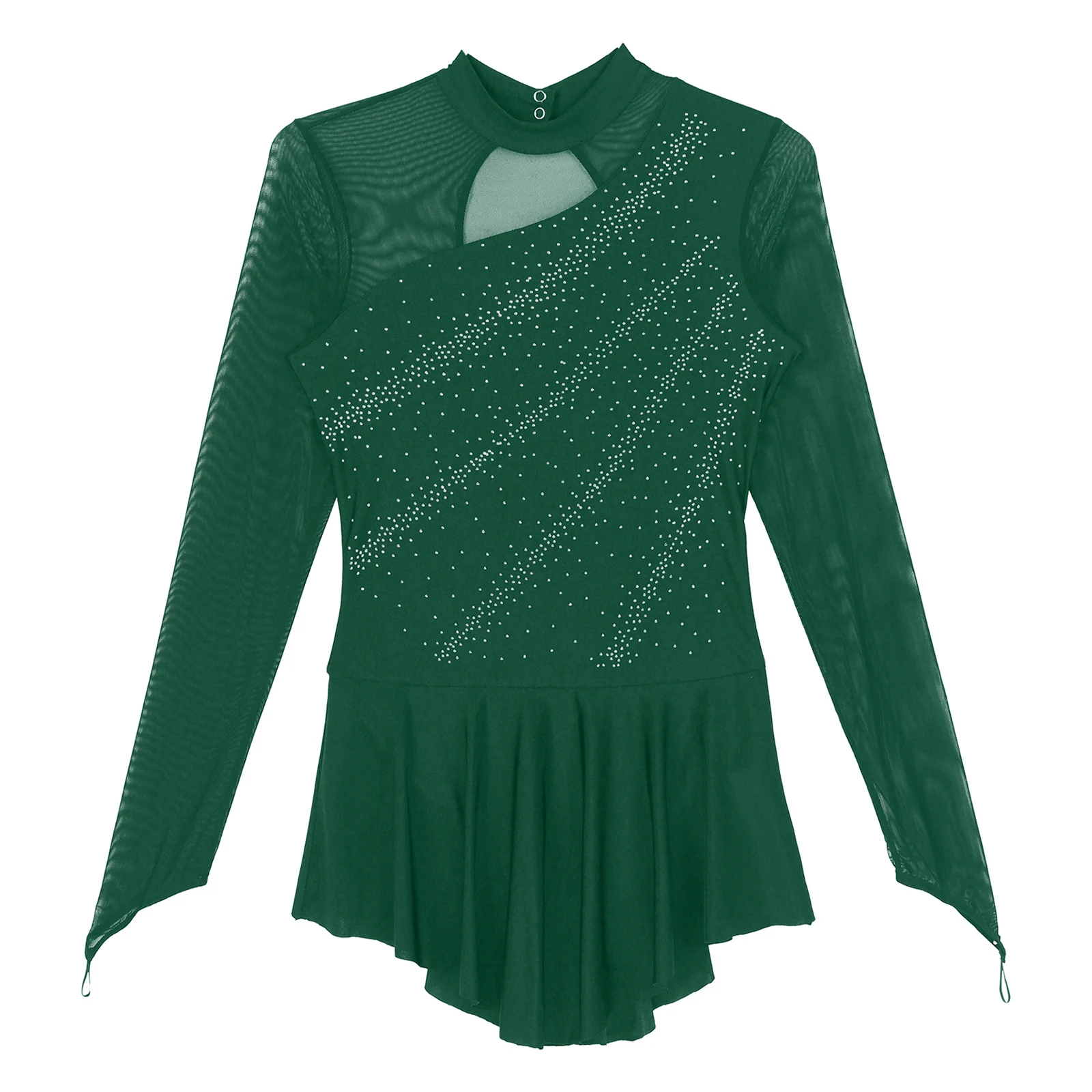 Women Figure Skating Performance Costume Ballet Gymnastics Lyrical Dance Dancewear Long Sleeve Rhinestone Mesh Leotard Dress