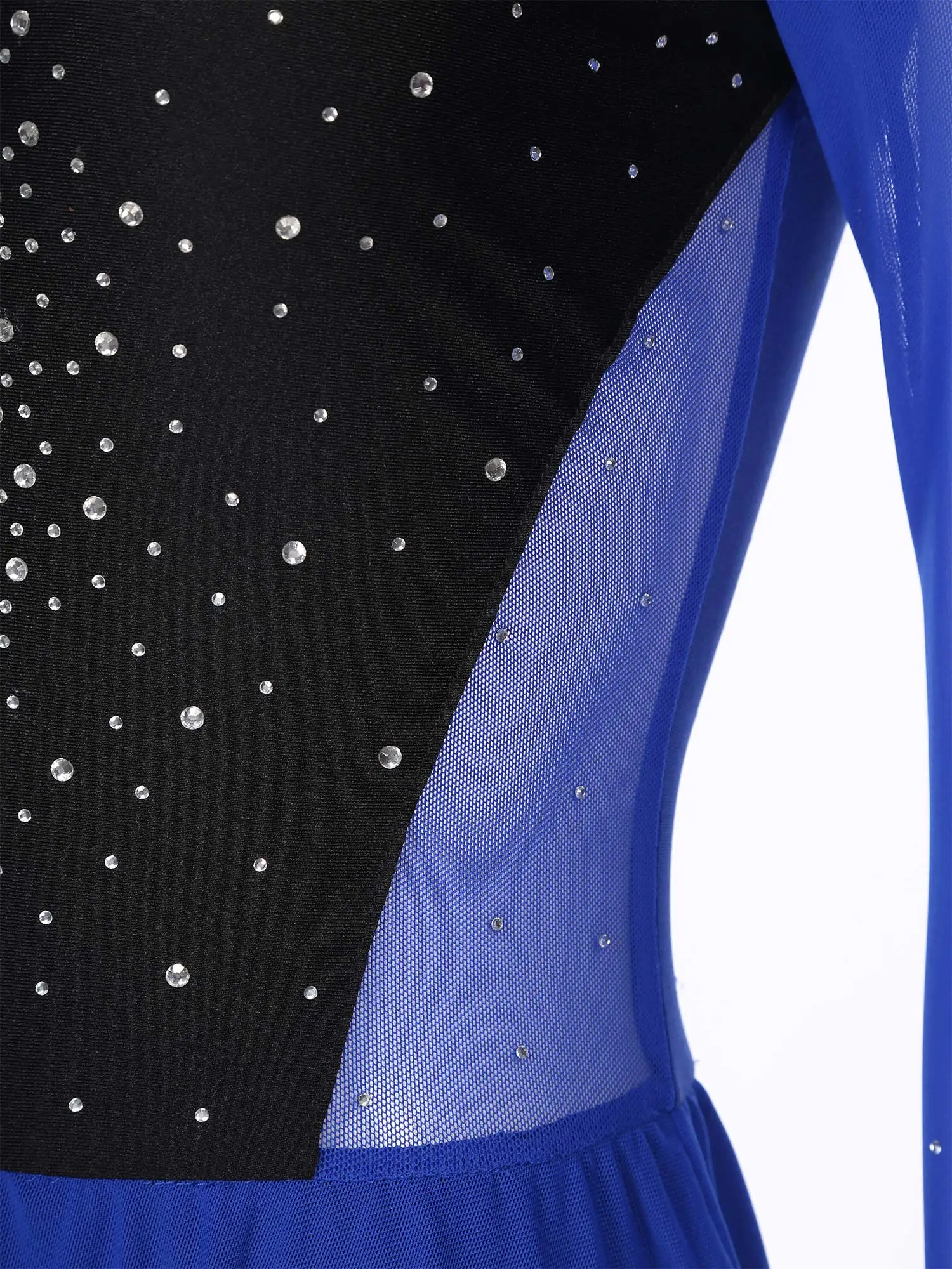 Women Figure Skating Performance Costume Ballet Gymnastics Lyrical Dance Dancewear Long Sleeve Rhinestone Mesh Leotard Dress