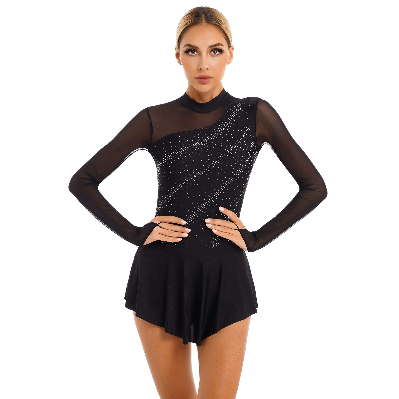 Women Figure Skating Performance Costume Ballet Gymnastics Lyrical Dance Dancewear Long Sleeve Rhinestone Mesh Leotard Dress