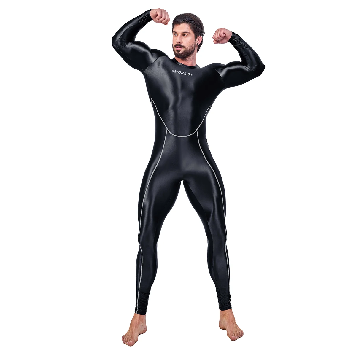 AMORESY Draco Men Oily Glossy Elastic Patchwork Jumpsuit Tracksuit Bodysuit Wrestling Sport Gym Fitness Tight Overalls Sweatsuit