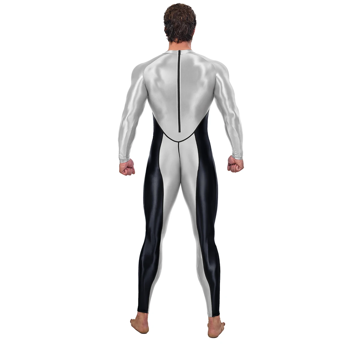 AMORESY Draco Men Oily Glossy Elastic Patchwork Jumpsuit Tracksuit Bodysuit Wrestling Sport Gym Fitness Tight Overalls Sweatsuit