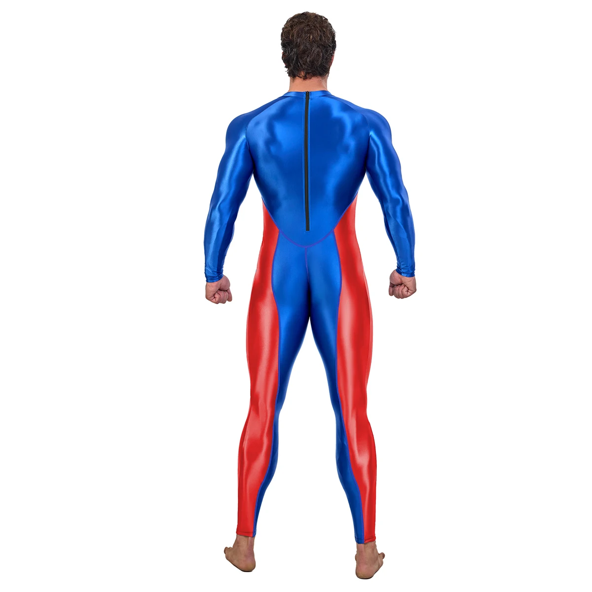 AMORESY Draco Men Oily Glossy Elastic Patchwork Jumpsuit Tracksuit Bodysuit Wrestling Sport Gym Fitness Tight Overalls Sweatsuit