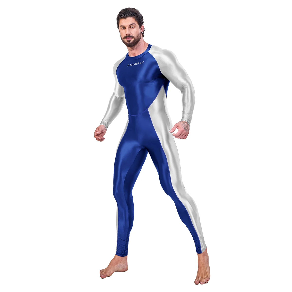 AMORESY Draco Men Oily Glossy Elastic Patchwork Jumpsuit Tracksuit Bodysuit Wrestling Sport Gym Fitness Tight Overalls Sweatsuit