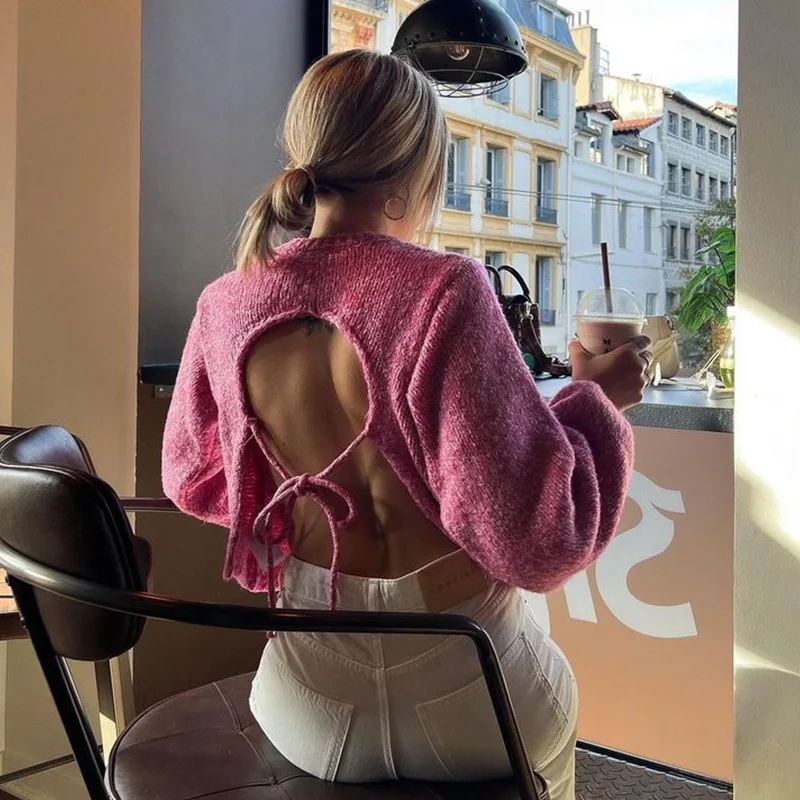 Tossy Lace-Up Backless Sweater Pullover For Women Sexy Long Sleeve Fashion Turtleneck Loose Bandage High Street Camisola Top